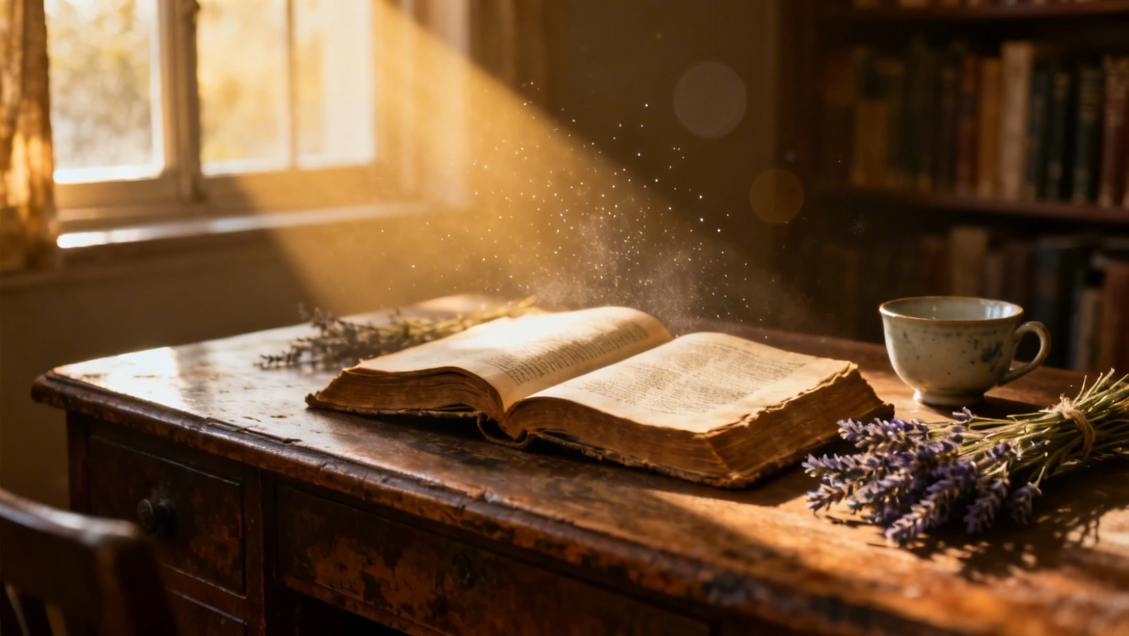 Livres anciens baignés de lumière dorée